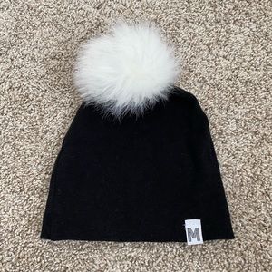 Newborn baby boy black pom pom fur beanie
